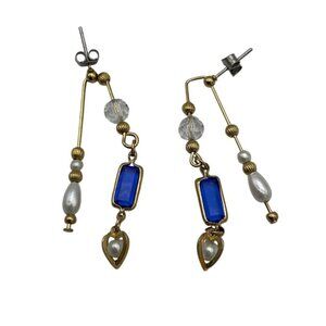 VTG Post Earrings 10K Gold Double Dangle Blue Gems & Faux Pearls Heart Charm